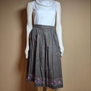 Vintage Floral Border Print Midi Skirt Cottagecore Folk Charcoal Grey 26 Waist